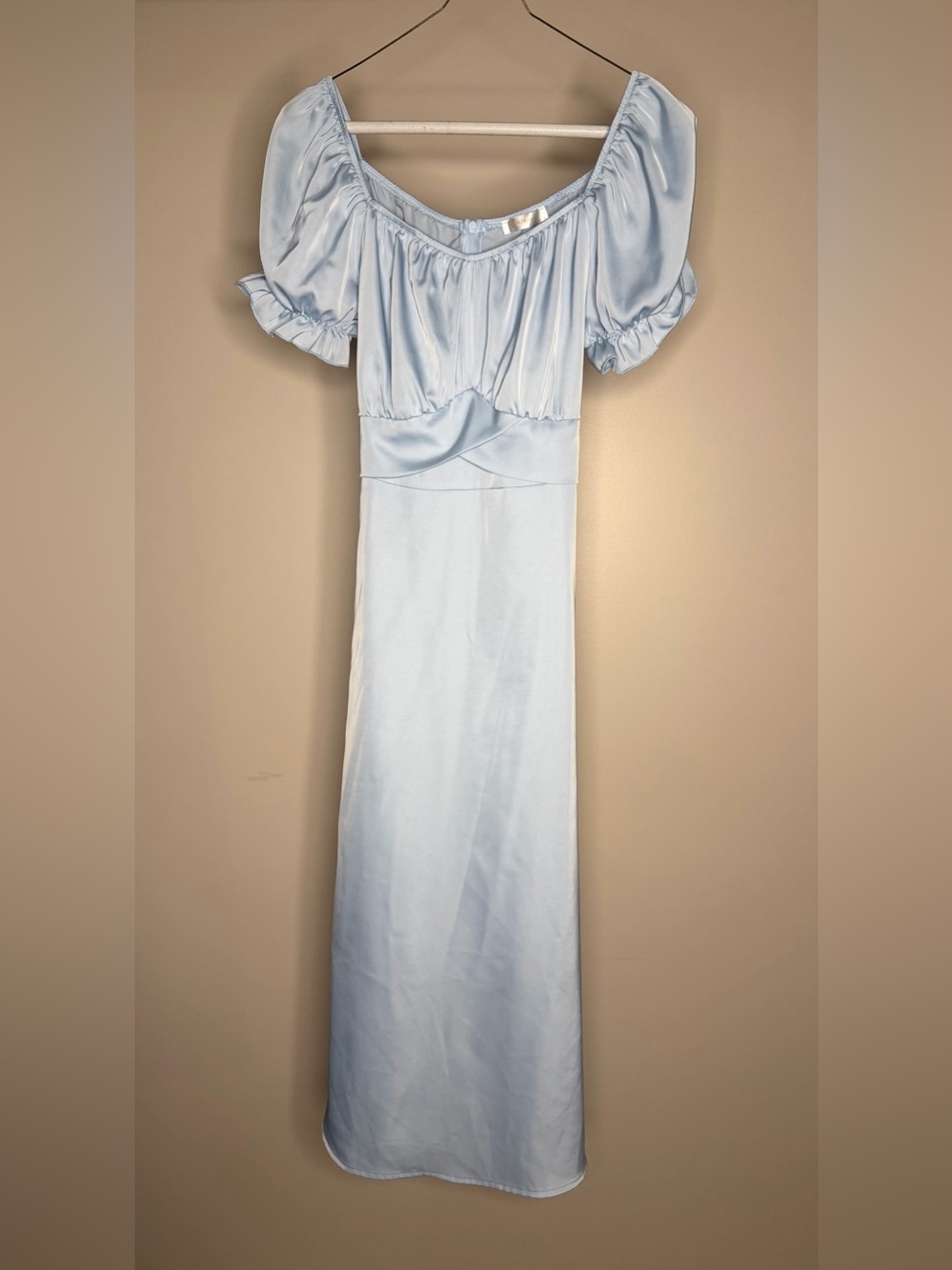 Light Blue Satin Puff-Sleeve Maxi Dress